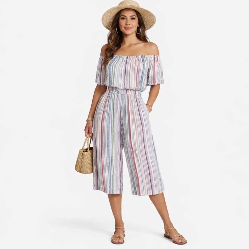 Elan Boho Off Shoulder Wide Leg Jumpsuit Rainbow‎ Stripe Cropped Small Resort